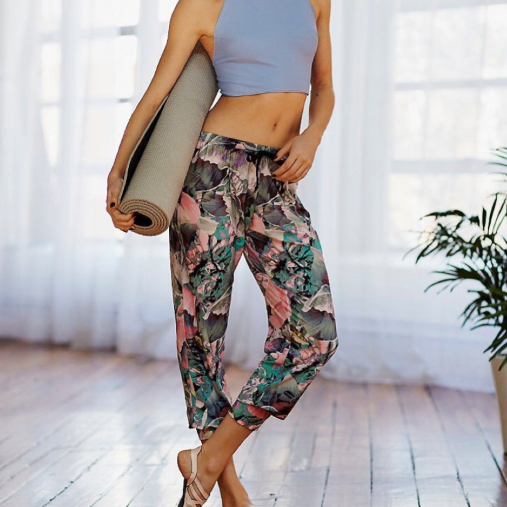 Free People Floral Printed Track Joggers in Pink, Green & Black
